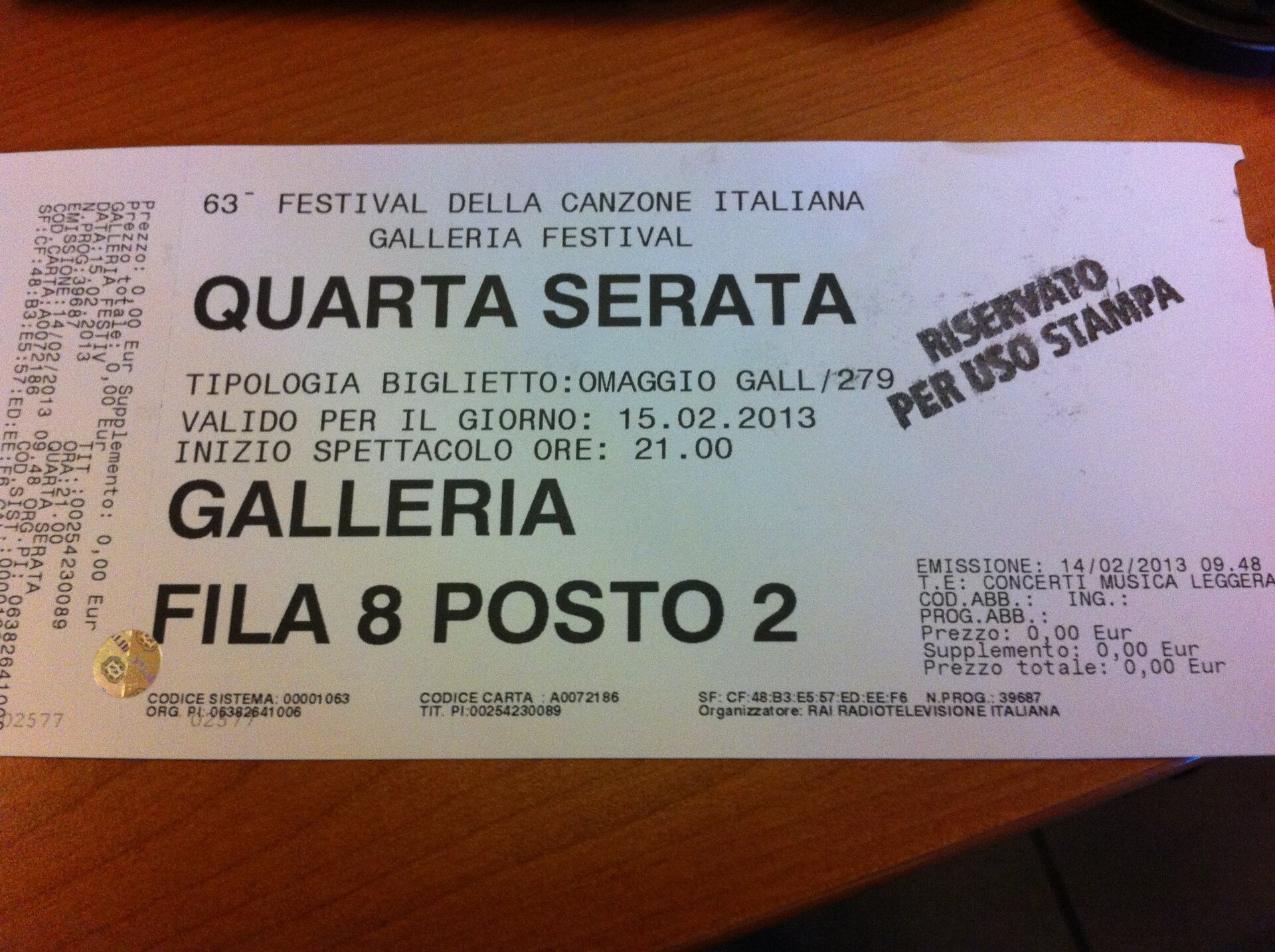 Sanremo 2013 Biglietto Ariston