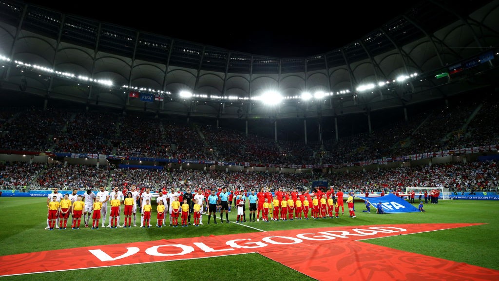 VOLGOGRAD, RUSSIA - JUNE 18: The Tunisia and England teams line up for the national anthems prior to the 2018 FIFA World Cup Russia group G match between Tunisia and England at Volgograd Arena on June 18, 2018 in Volgograd, Russia. (Photo by Clive Rose/Getty Images)