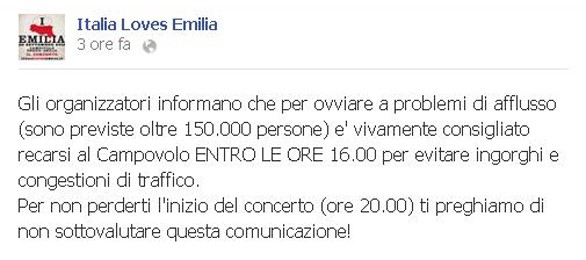L'organizzazione consiglia di raggiungere Campovolo per le 16.00