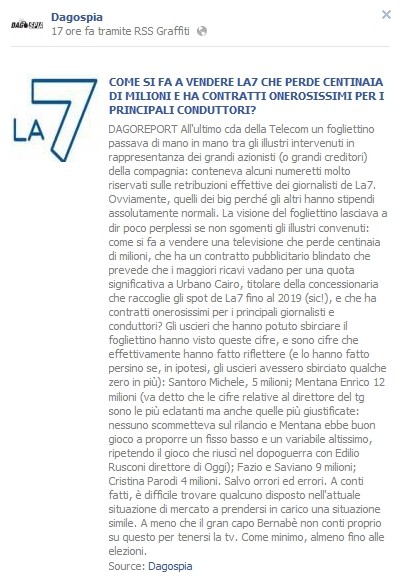 Dagospia: le cifre dei contratti di La7 cancellate