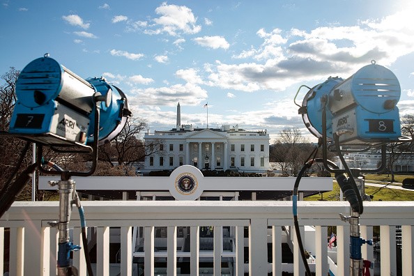 WASHINGTON, DC - JANUARY 18: Television lights are set up across the street from the Presidential Reviewing Stand in front of the White House, January 18, 2017 in Washington. DC. President-elect Donald Trump will be inaugurated as the 45th U.S. President on Friday. (Photo by Drew Angerer/Getty Images)